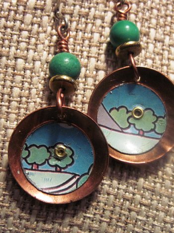 Recycled tin copper dangle earrings with turquoise bead